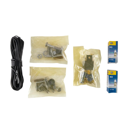 HELLA 550 Halogen Driving Light SAE Approved — mounting kit with wiring, hardware, relay, and H3 bulbs