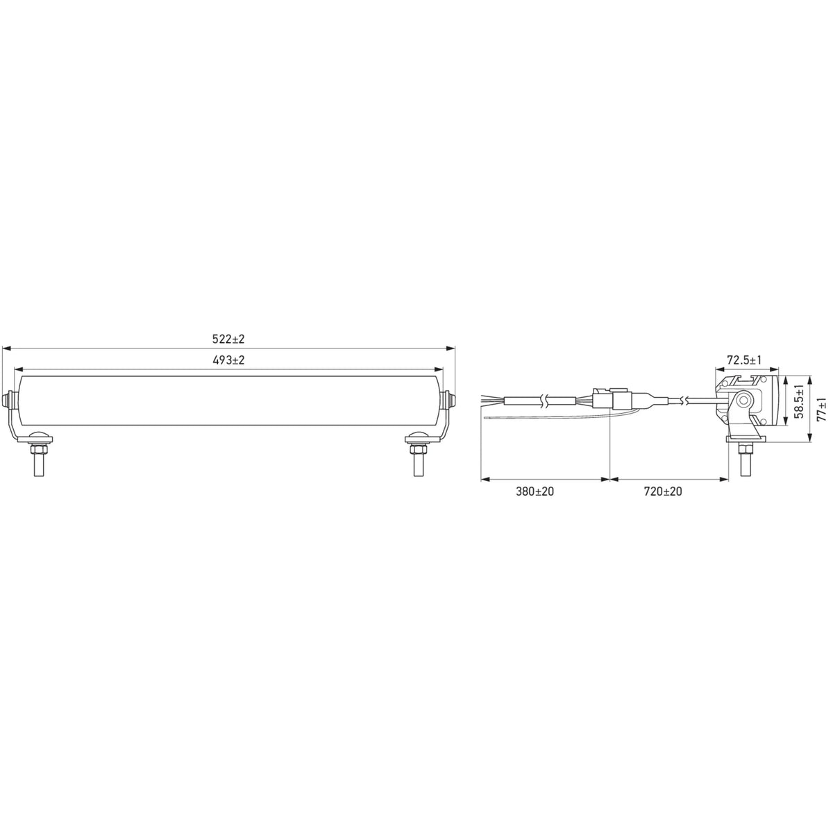 Technical drawing of HELLA X-Treme Series LED Driving Lights, IP69K, rugged aluminum housing, auxiliary high-beam, off-road.