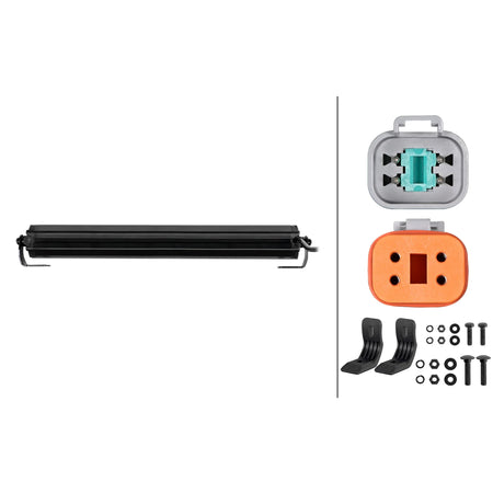 HELLA X-Treme Series LED Driving Lights bar in rugged aluminum housing, IP69K, off-road, auxiliary high-beam, white X-shape position light, mounting hardware included.