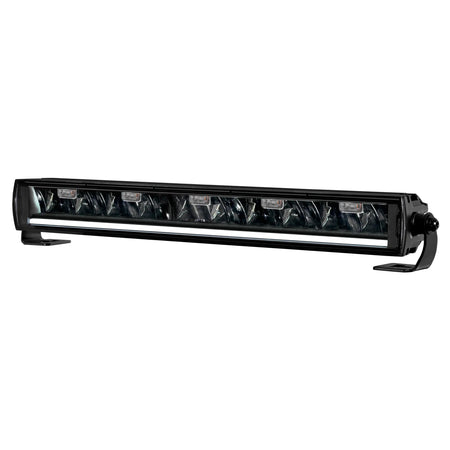 HELLA X-Treme Series LED Driving Lights bar in white mode with X-shape position light, IP69K, rugged aluminum housing, auxiliary high-beam, for off-road use.