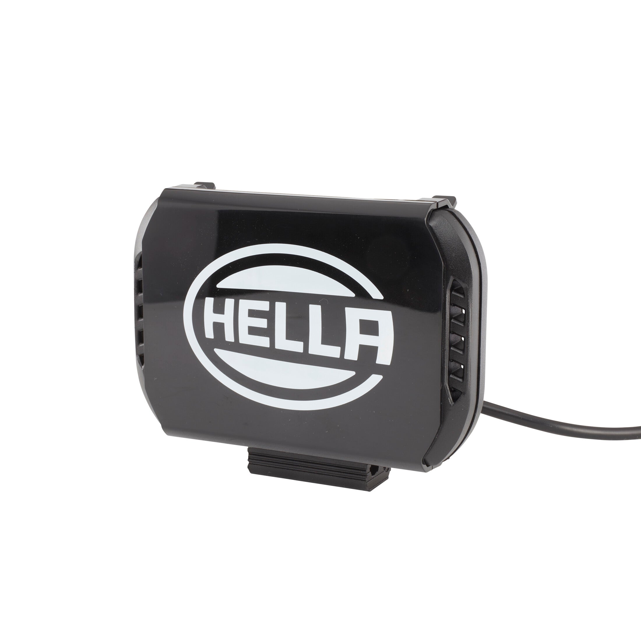 Black HELLA VALUEFIT 450 LED driving light with white logo, sleek design, and mounting bracket.