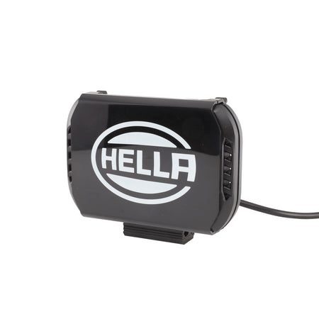 Black HELLA VALUEFIT 450 LED driving light with white logo, sleek design, and mounting bracket.