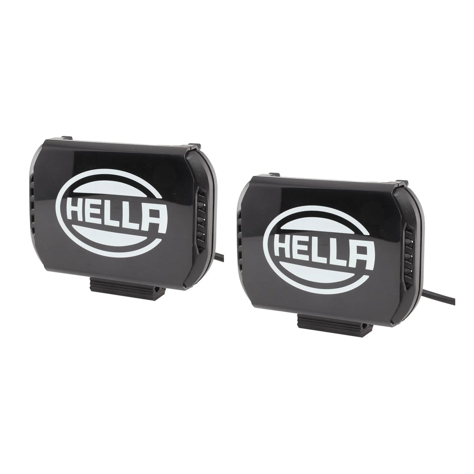 HELLA X-Treme Series LED Driving Lights in White mode, rugged aluminum housing, IP69K, auxiliary high-beam, off-road ready with X-shape position light.