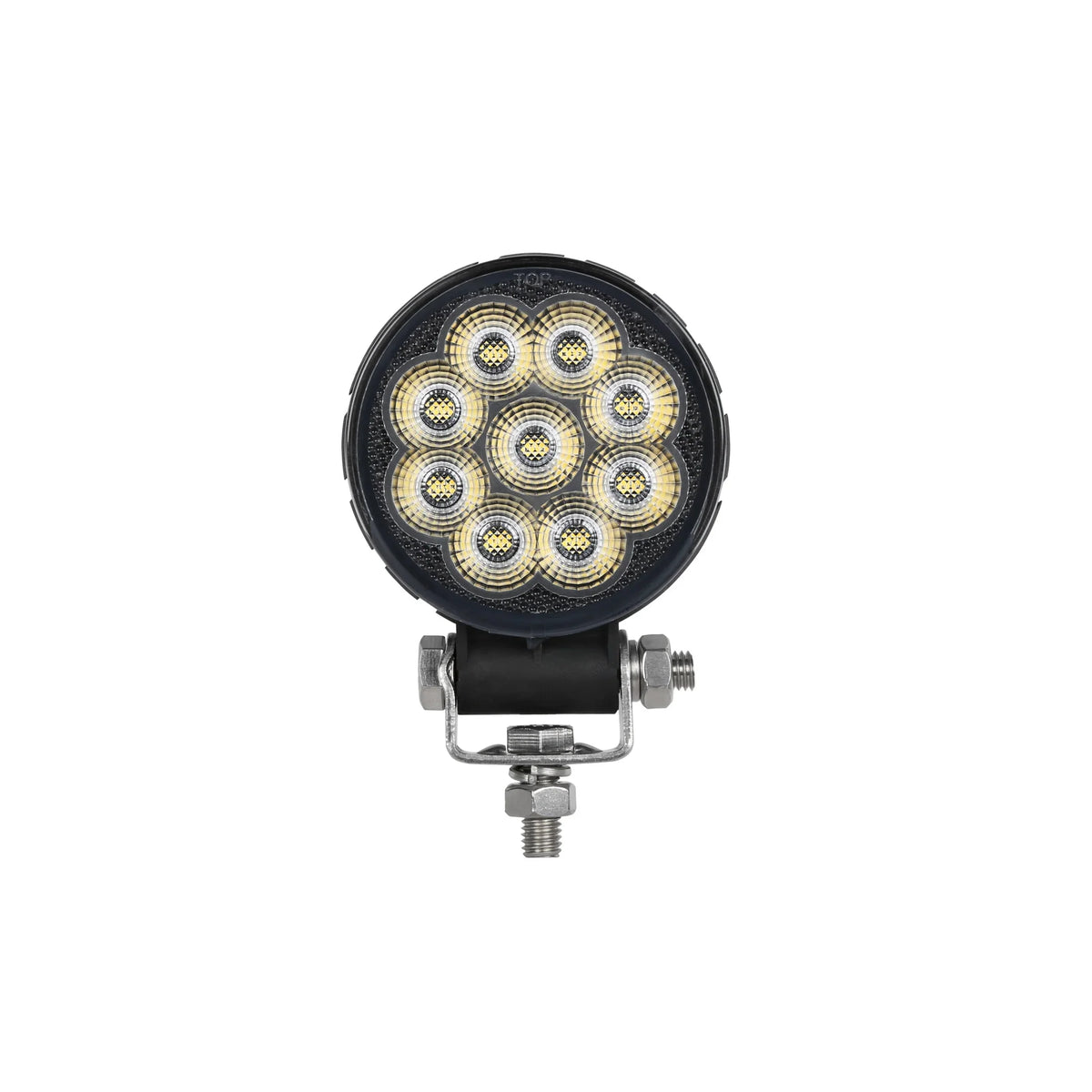HELLA X-Treme Series LED Driving Light in white mode, rugged aluminum housing, IP69K, auxiliary high-beam for off-road, X-shape position light visible.