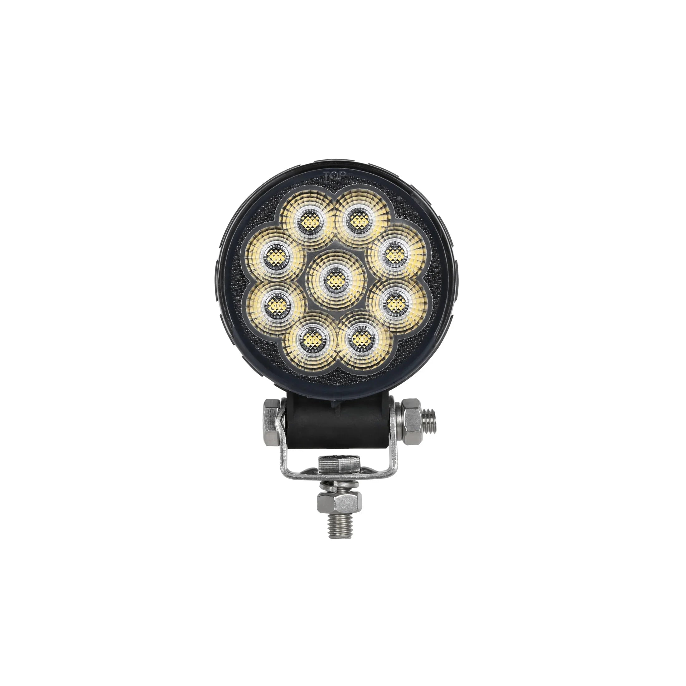 HELLA X-Treme Series LED Driving Light in white mode, rugged aluminum housing, IP69K, auxiliary high-beam for off-road, X-shape position light visible.