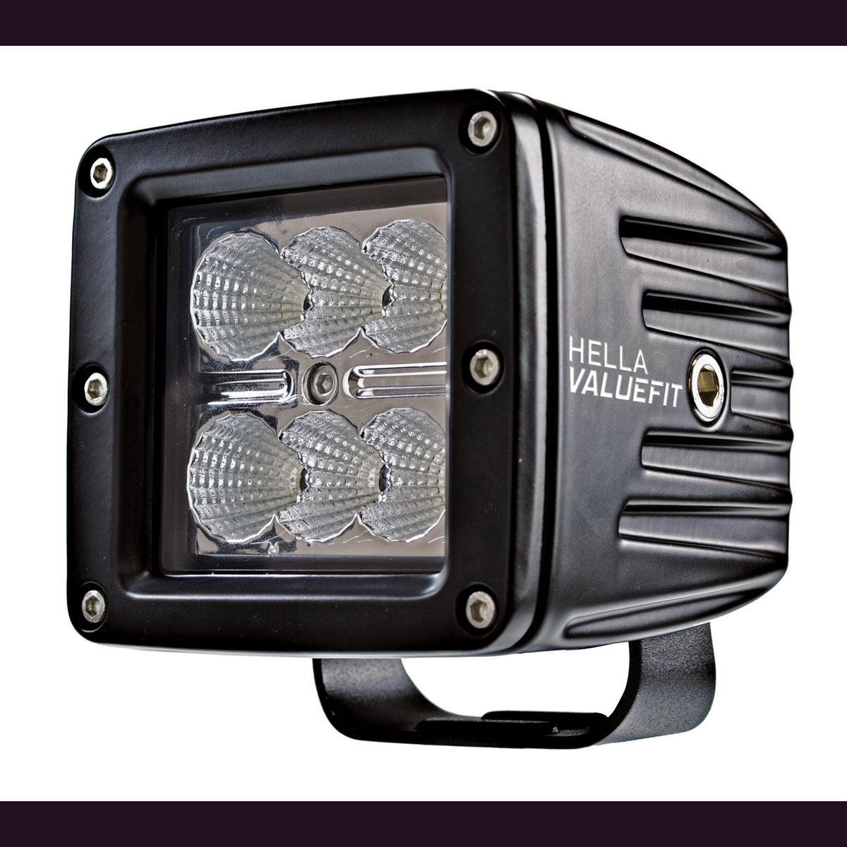 Black HVF Cube 6 LED flood light with rugged housing and "HELLA VALUEFIT" branding.
