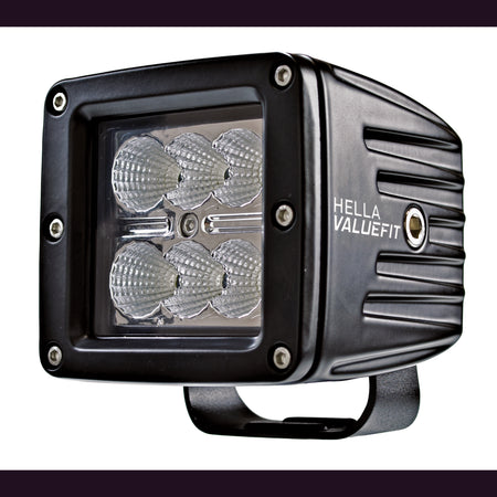 Black HVF Cube 6 LED flood light with rugged housing and "HELLA VALUEFIT" branding.