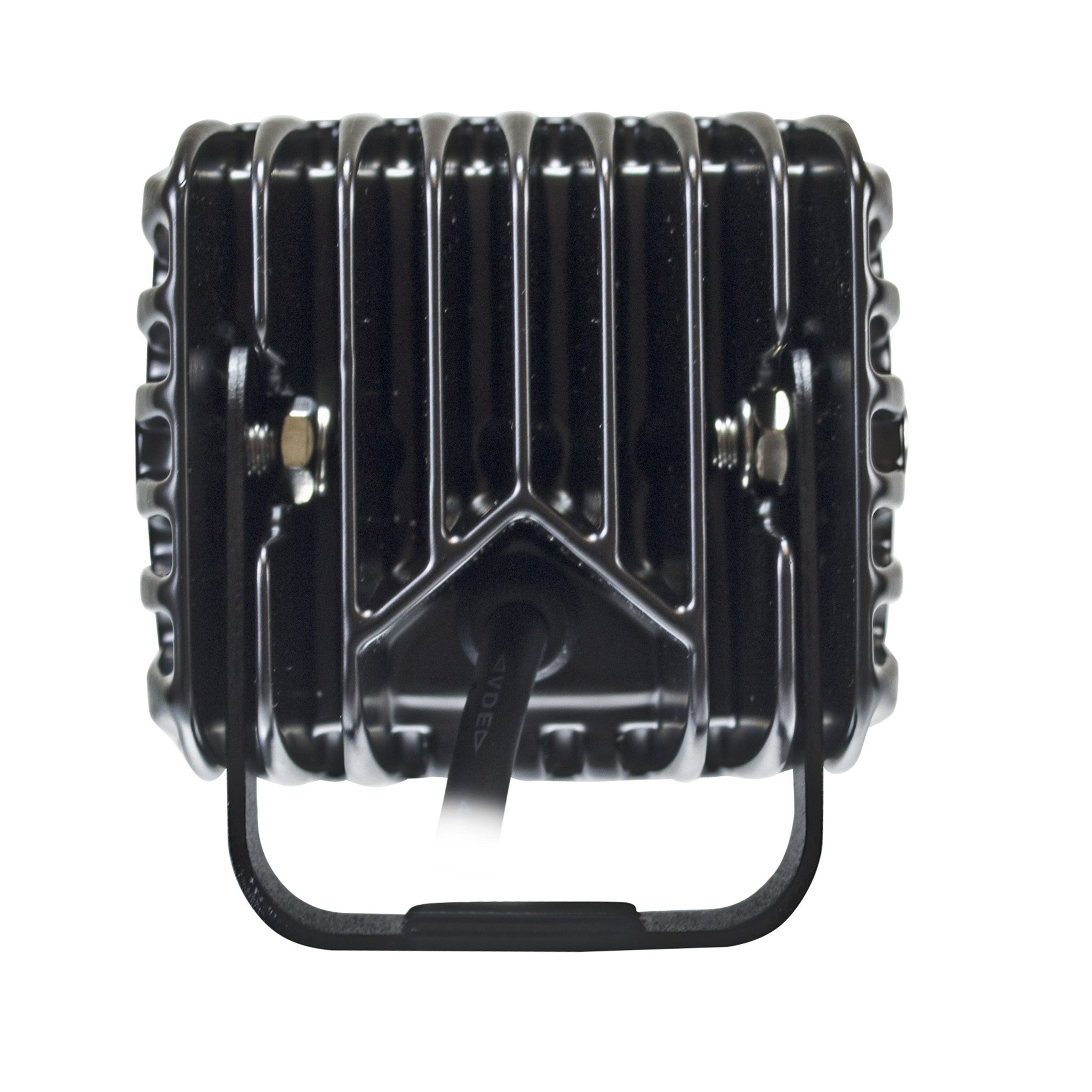 Rear view of a compact black HVF Cube 6 LED flood light with cooling fins and mounting bracket.