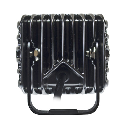 Rear view of a compact black HVF Cube 6 LED flood light with cooling fins and mounting bracket.