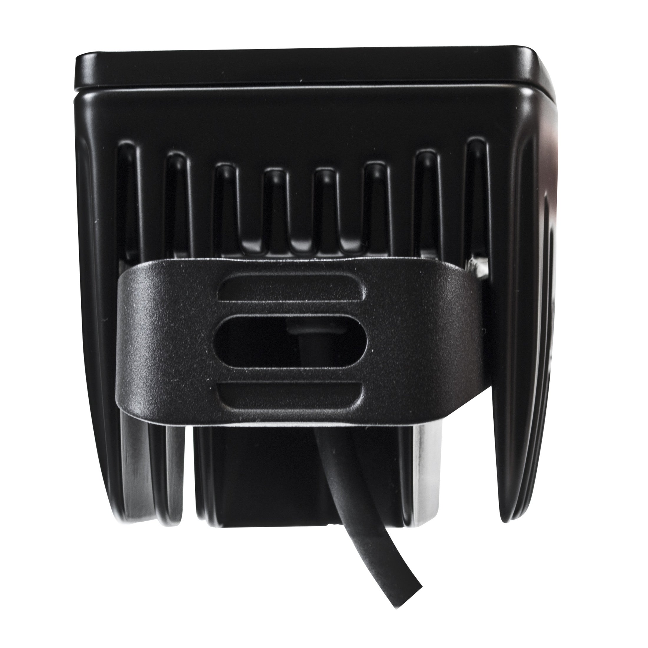 Black HVF Cube 6 LED flood light, compact and rugged, with heat sink fins and mounting bracket.