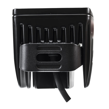 Black HVF Cube 6 LED flood light, compact and rugged, with heat sink fins and mounting bracket.