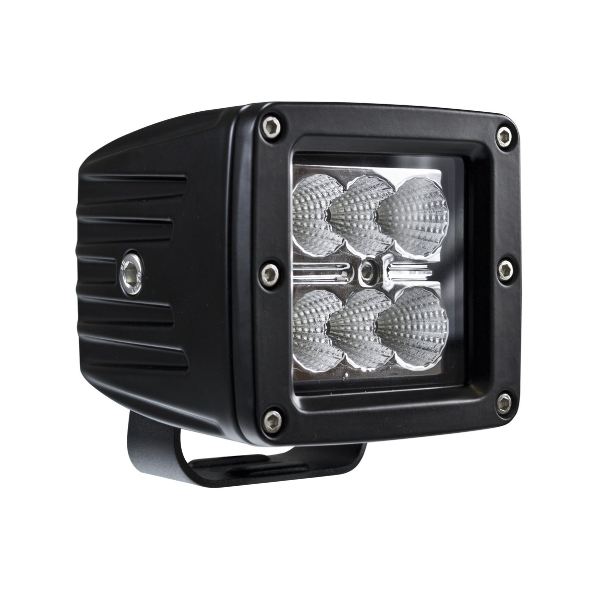 Black HVF Cube 6 LED flood light, compact square design with six bright silver LED bulbs.