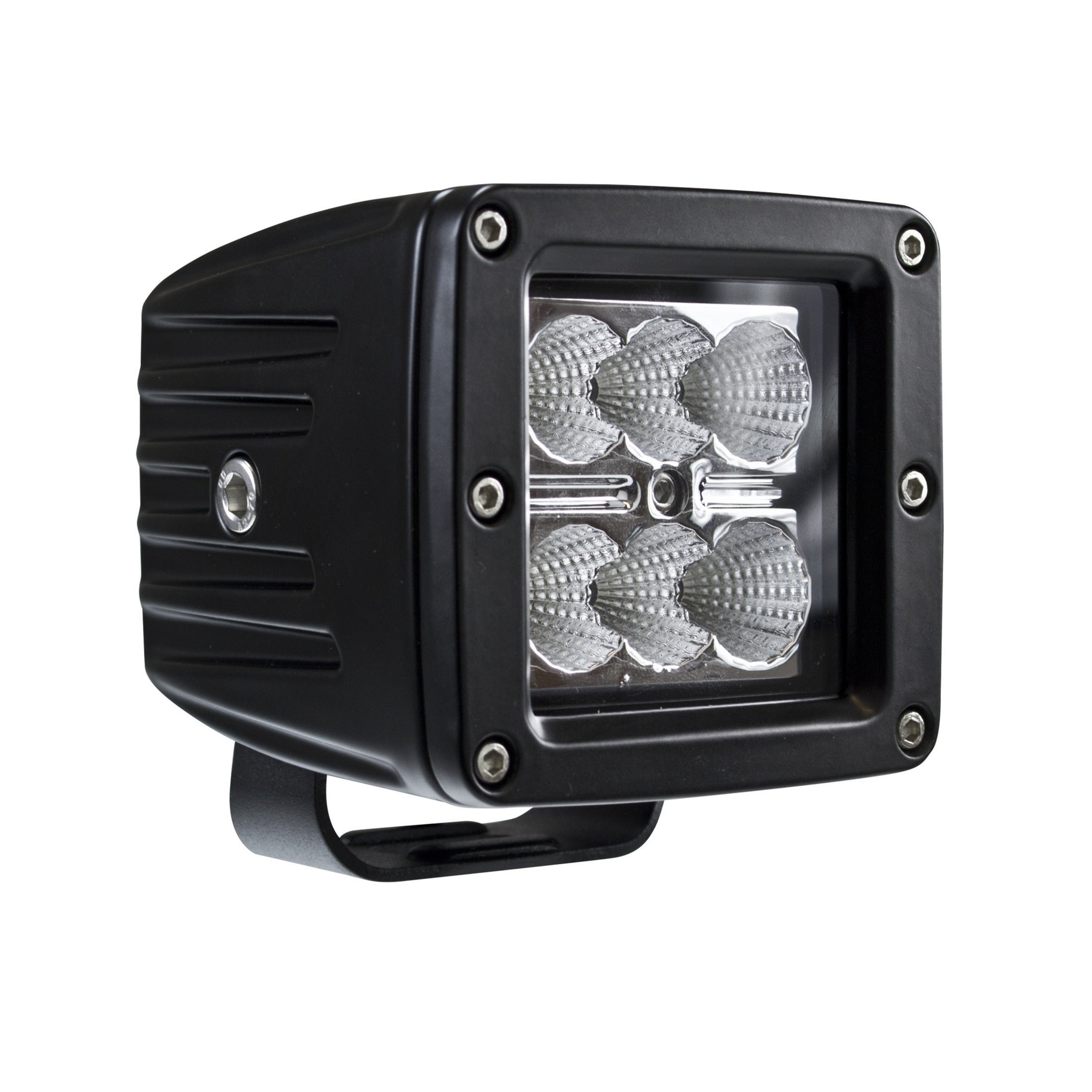 Black HVF Cube 6 LED flood light, compact square design with six bright silver LED bulbs.