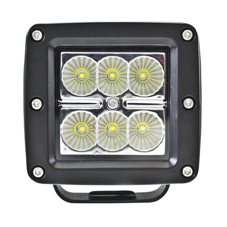 Black HVF Cube 6 LED flood light with six bright yellow-white LEDs and chrome reflectors.