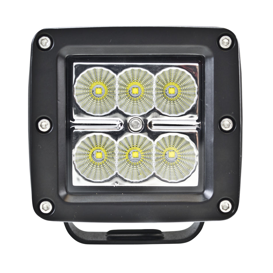 Black HVF Cube 6 LED flood light with six bright yellow-white LEDs and chrome reflectors.