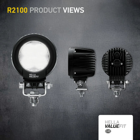 HELLA X-Treme Series LED Driving Lights in white mode with rugged aluminum housing, IP69K auxiliary high-beam, X-shape position light.