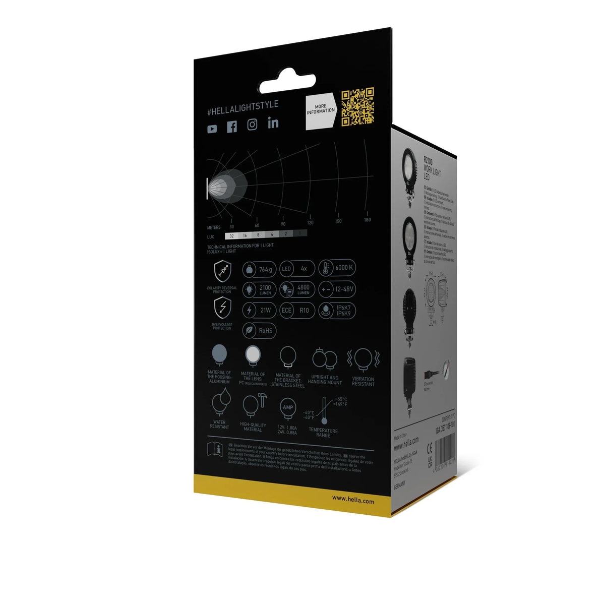HELLA X-Treme Series LED Driving Lights retail packaging with IP69K spec, auxiliary high-beam info, off-road use.