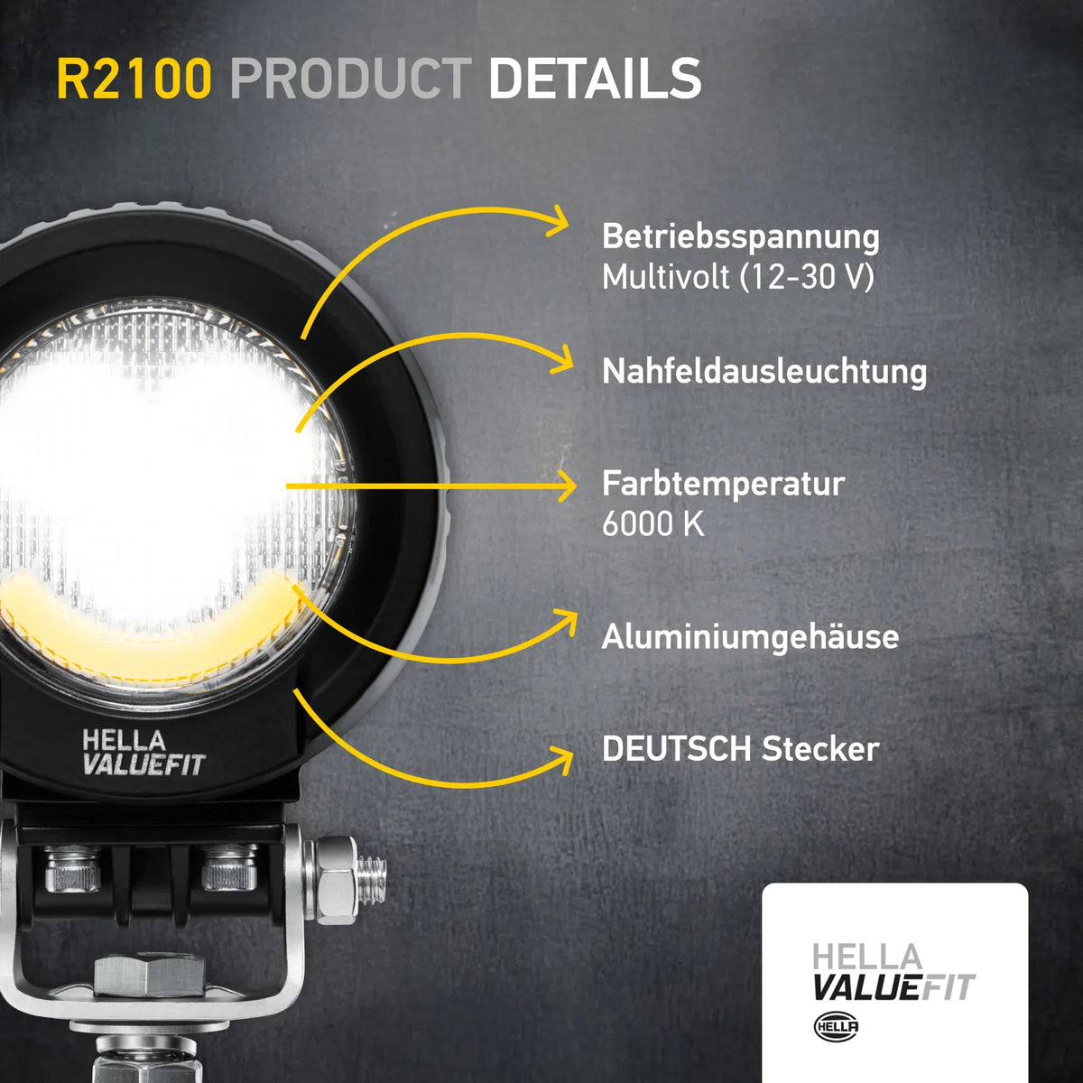 HELLA X-Treme Series LED Driving Lights in white mode, IP69K, rugged aluminum housing, X-shape position light, auxiliary high-beam, off-road