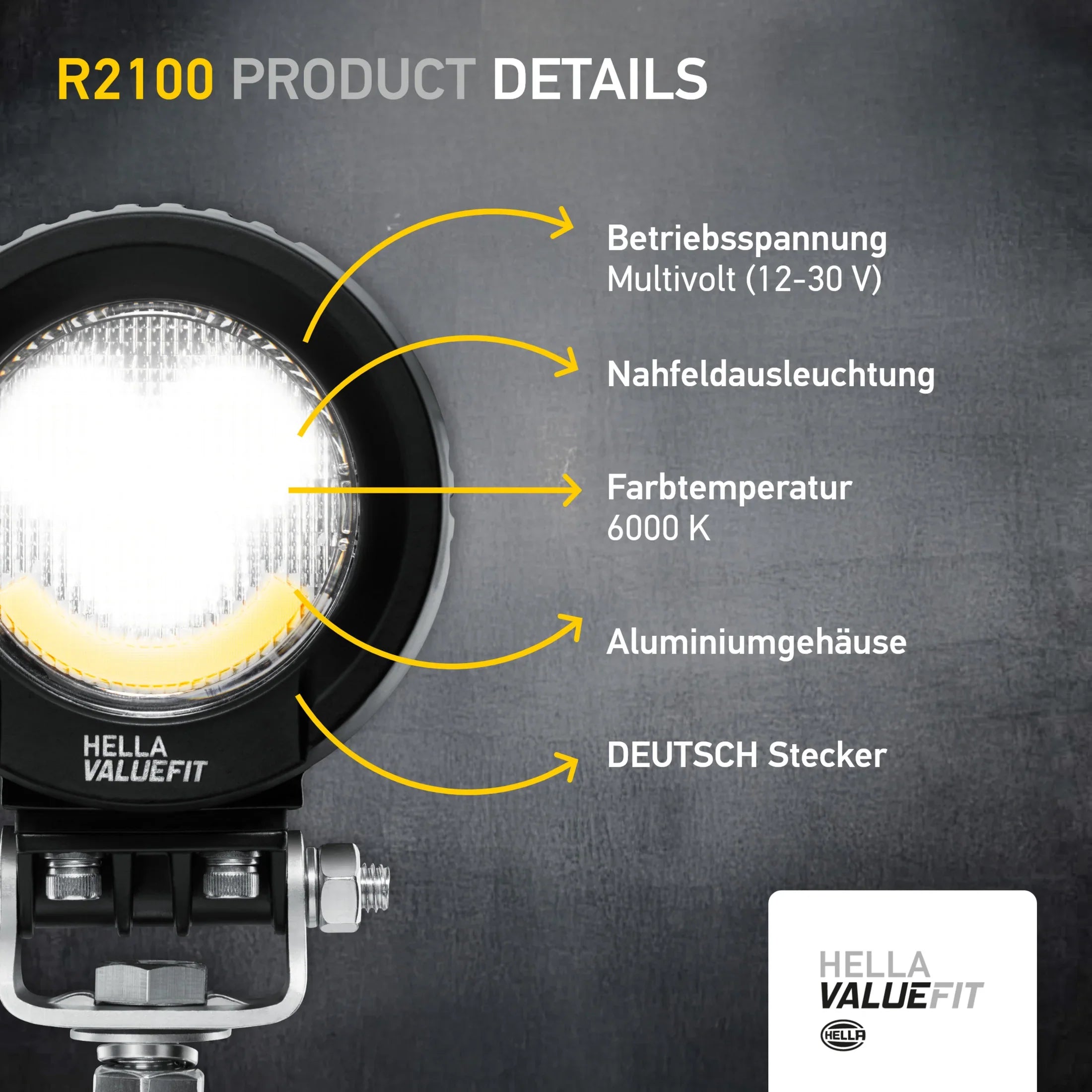 HELLA X-Treme Series LED Driving Lights in white mode, IP69K, rugged aluminum housing, X-shape position light, auxiliary high-beam, off-road