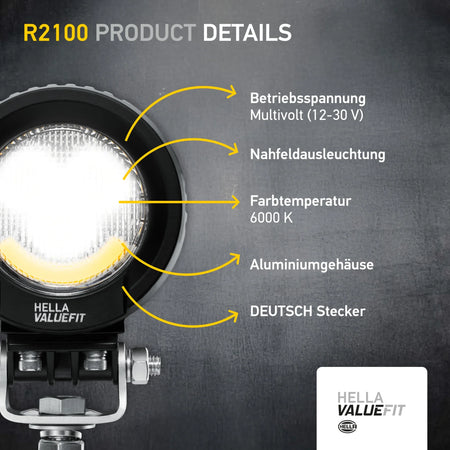 HELLA X-Treme Series LED Driving Lights in white mode, IP69K, rugged aluminum housing, X-shape position light, auxiliary high-beam, off-road