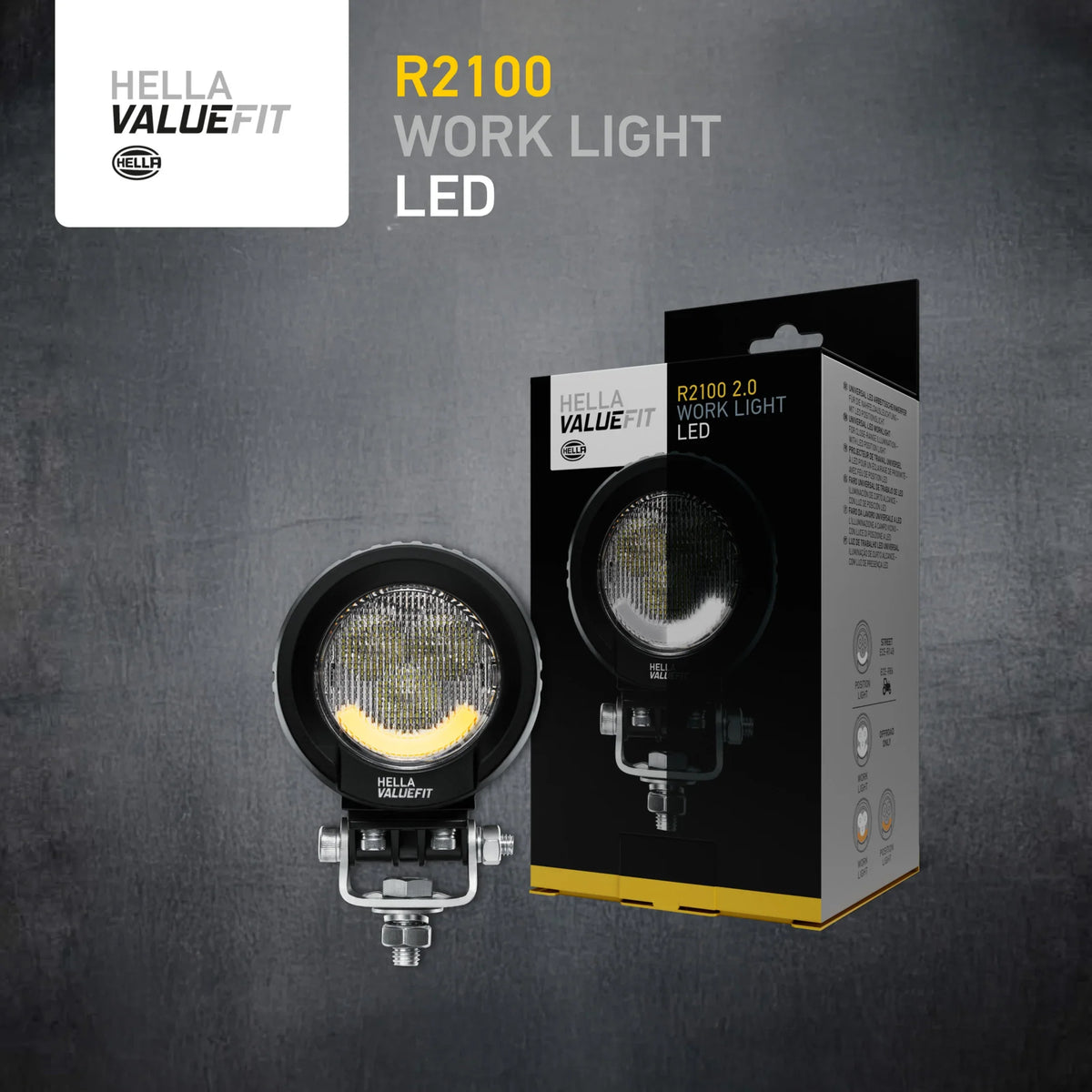 HELLA X-Treme Series LED Driving Lights in rugged aluminum housing, white X-shape position light, IP69K, auxiliary high-beam, off-road packaging.