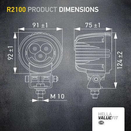 HELLA X-Treme Series LED Driving Lights IP69K for off-road, rugged aluminum housing, auxiliary high-beam dimensions diagram.