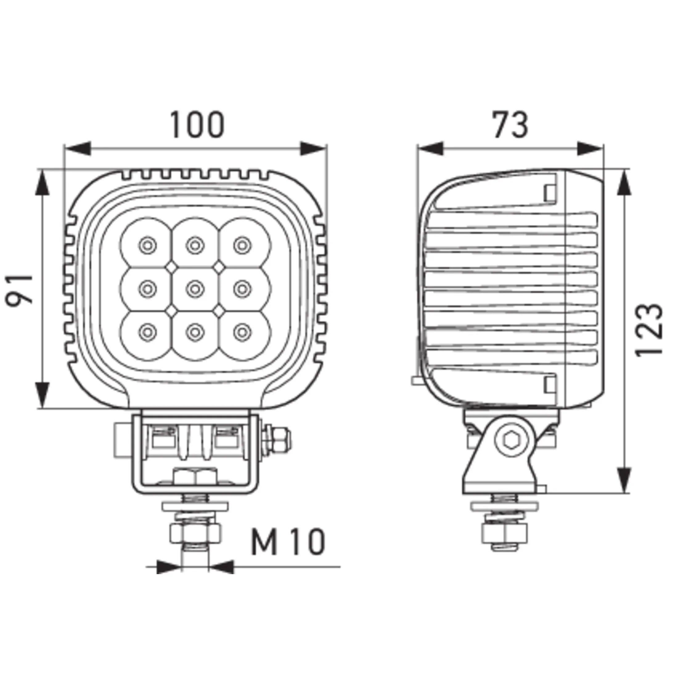 HELLA X-Treme Series LED Driving Lights technical diagram, IP69K, rugged aluminum, auxiliary high-beam, off-road.