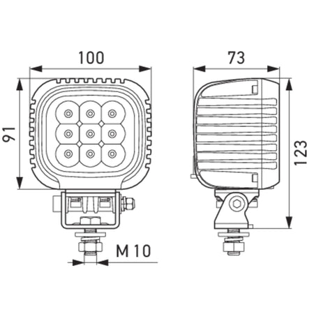 HELLA X-Treme Series LED Driving Lights technical diagram, IP69K, rugged aluminum, auxiliary high-beam, off-road.