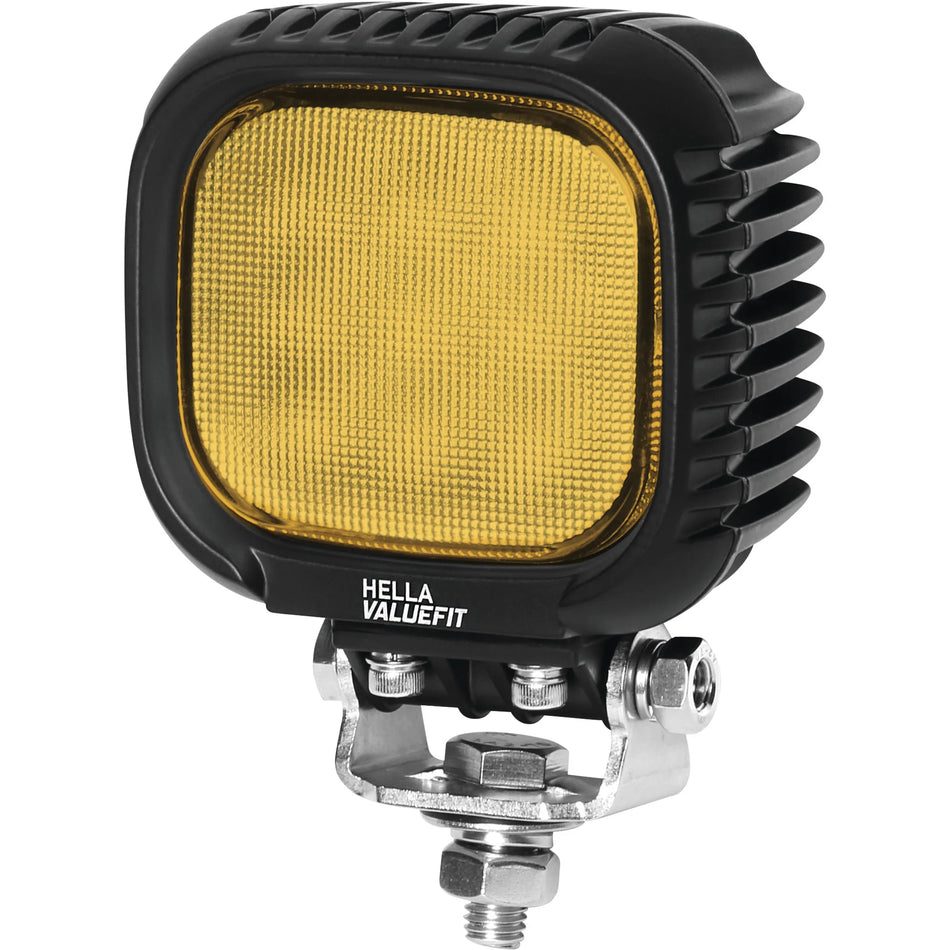 HELLA X-Treme Series LED Driving Lights in amber mode, IP69K, rugged aluminum housing, auxiliary high-beam, off-road use.
