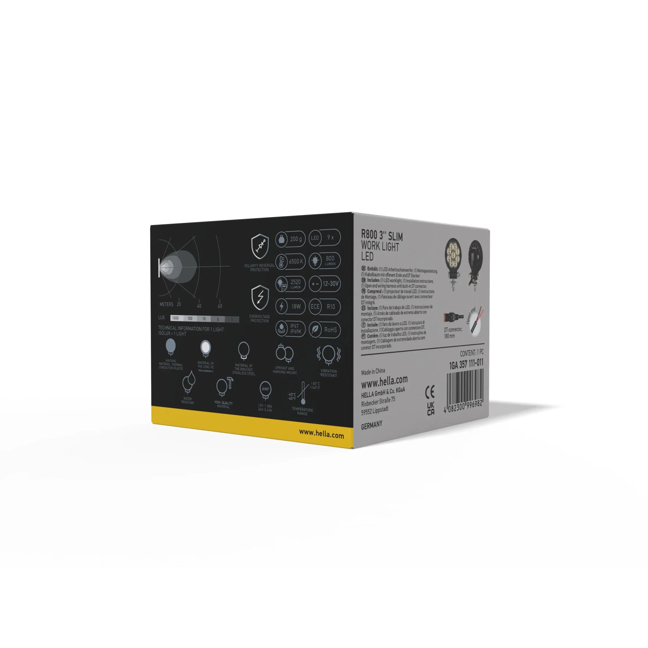 HELLA X-Treme Series LED Driving Lights box with IP69K rating, off-road, auxiliary high-beam specs.