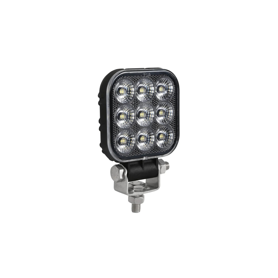 HELLA X-Treme Series LED Driving Lights in white mode with X-shape position light, IP69K, rugged housing, auxiliary high-beam for off-road use.