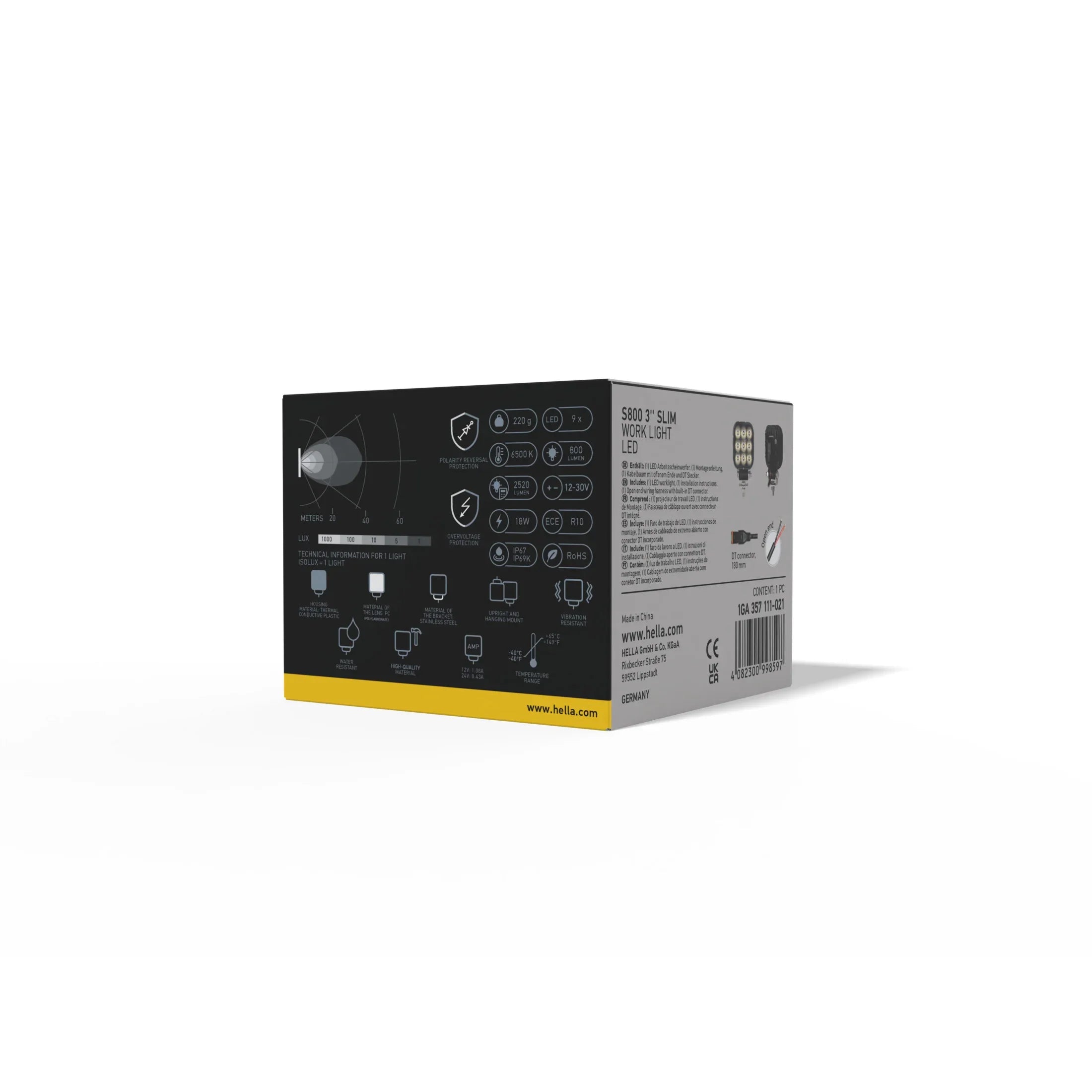 HELLA X-Treme Series LED Driving Lights packaging highlights IP69K, auxiliary high-beam for off-road.