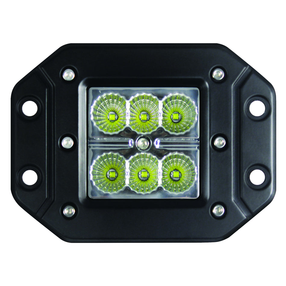 Black HVF Cube 6 LED flush mount flood light with six bright green LEDs and clear lenses.
