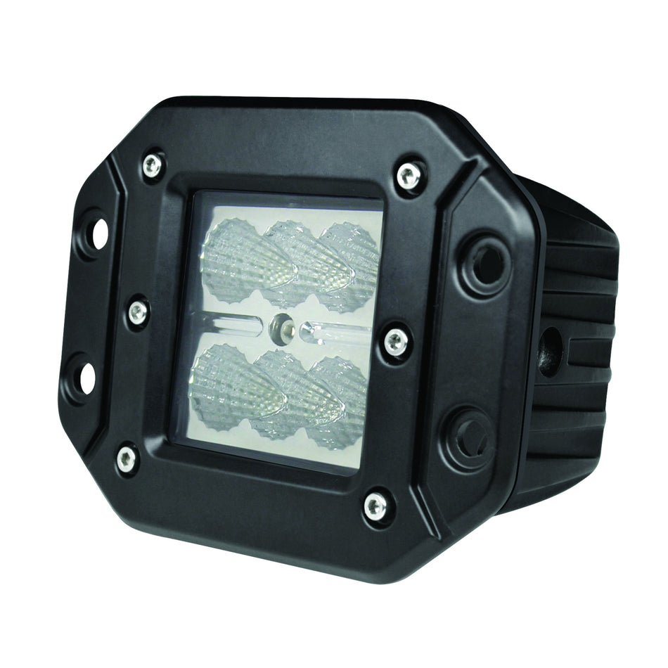 Black HVF Cube 6 LED flush mount flood light with six clear lenses and visible mounting screws.