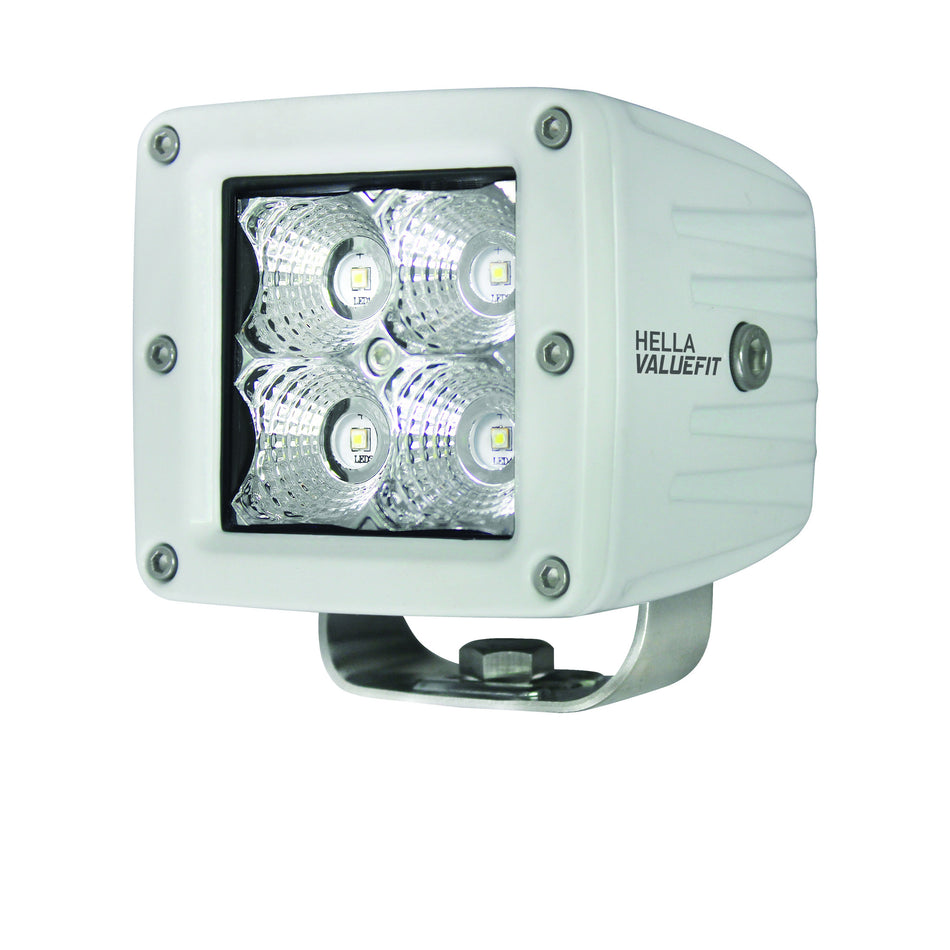 White HVF Cube 4 LED flood light with four clear lenses, rugged housing, and mounting bracket.