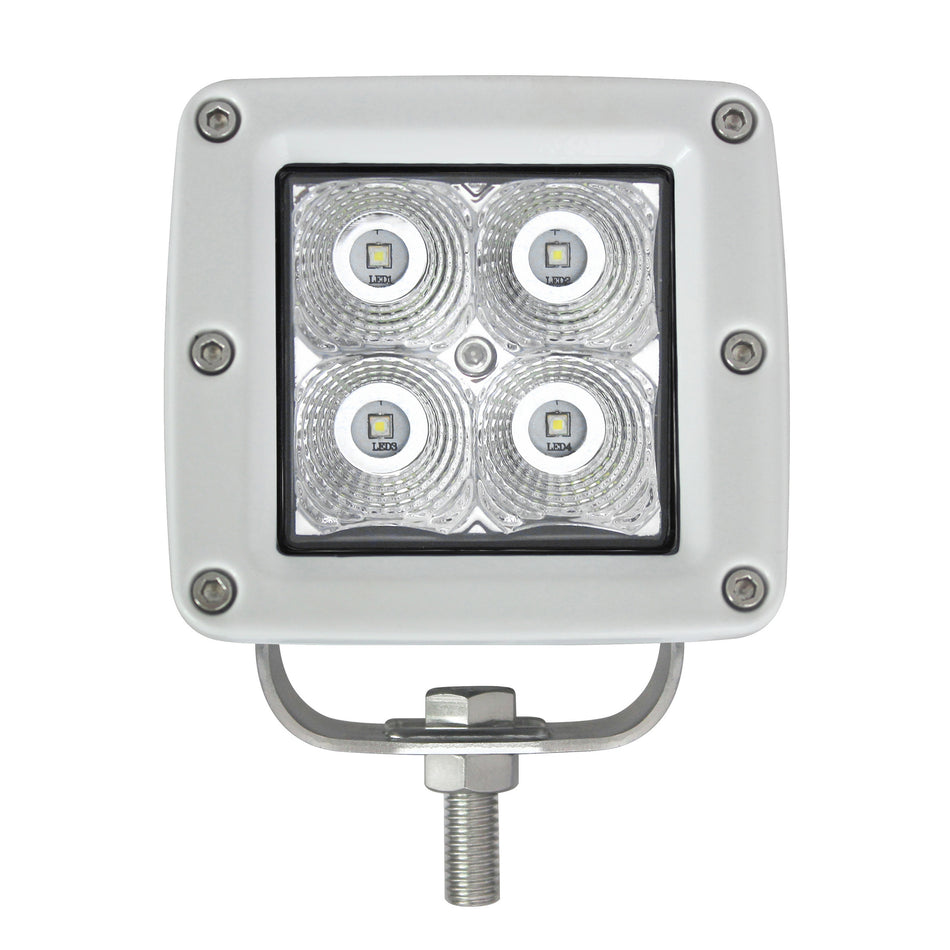 White HVF Cube 4 LED flood light with clear lenses and a silver mounting bracket.