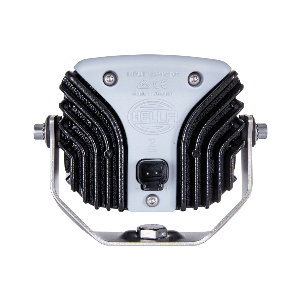 Rear view of a gray and black Hella Power Beam 1500 LED work lamp with cooling fins and mounting bracket.