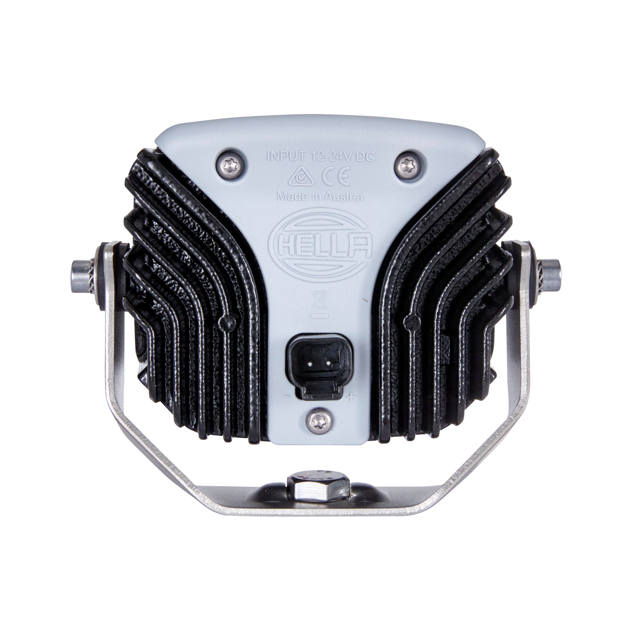 Rear view of a gray and black Hella Power Beam 1500 LED work lamp with cooling fins and mounting bracket.