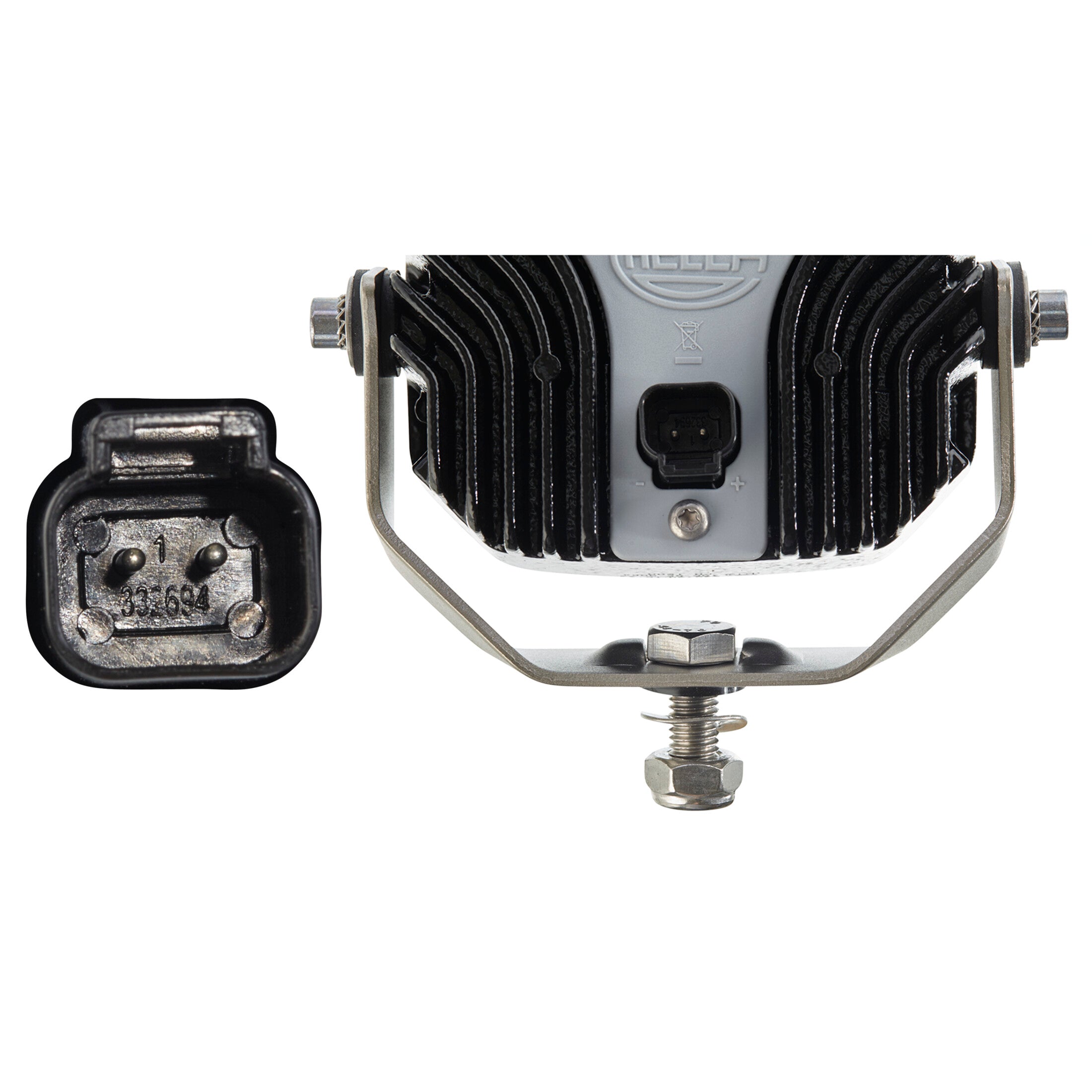 Power Beam 1500 LED work lamp, black aluminum housing with cooling fins, silver mounting bracket, and power connector.