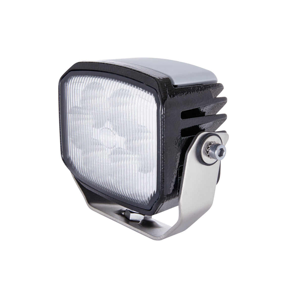 Black square LED work lamp with a silver mounting bracket and cooling fins.