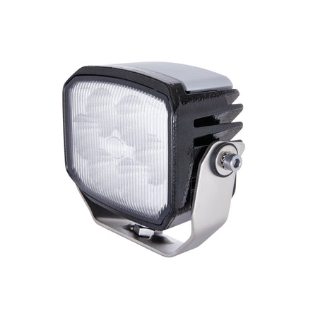 Black square LED work lamp with a silver mounting bracket and cooling fins.