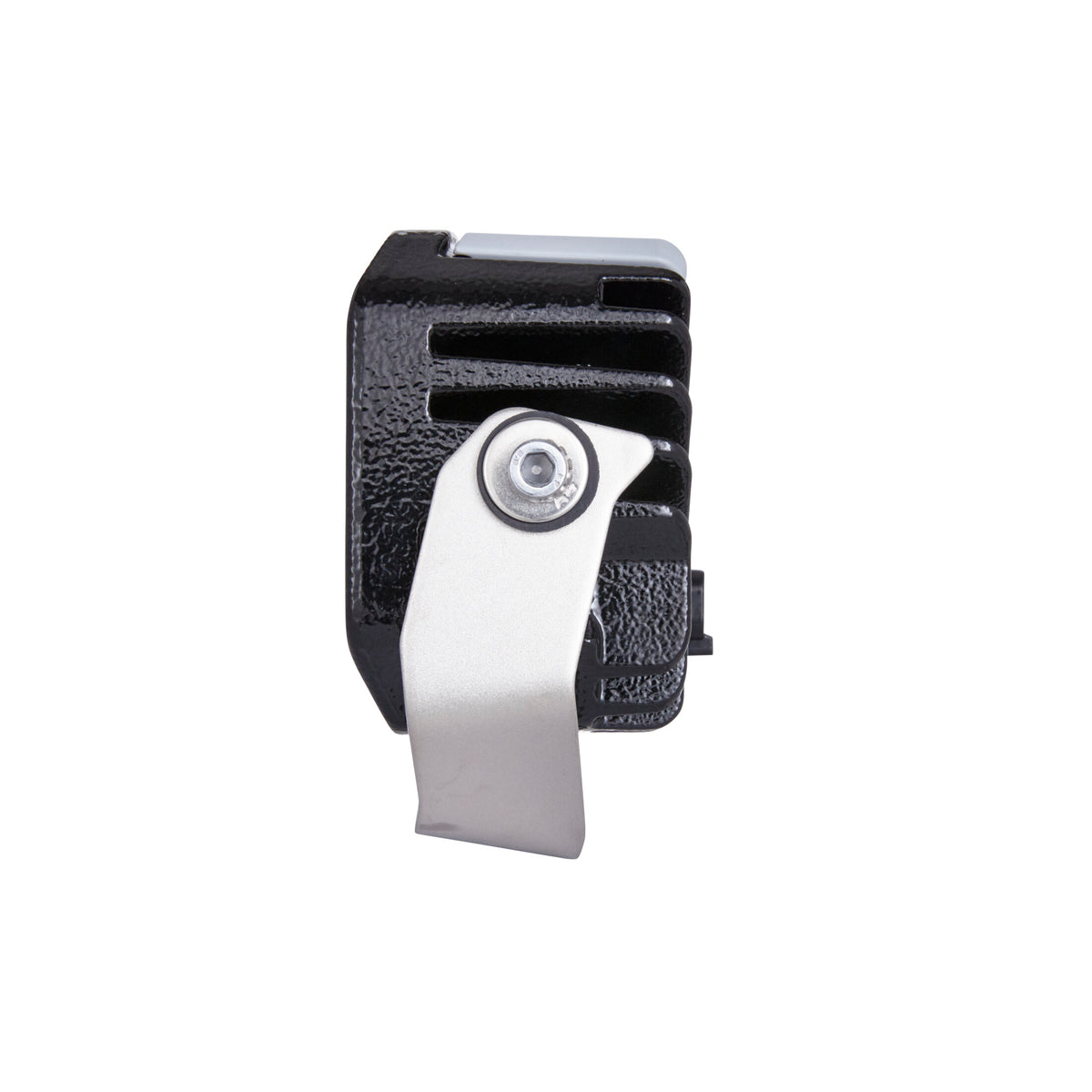 Side view of a compact black textured LED work lamp with silver mounting bracket.