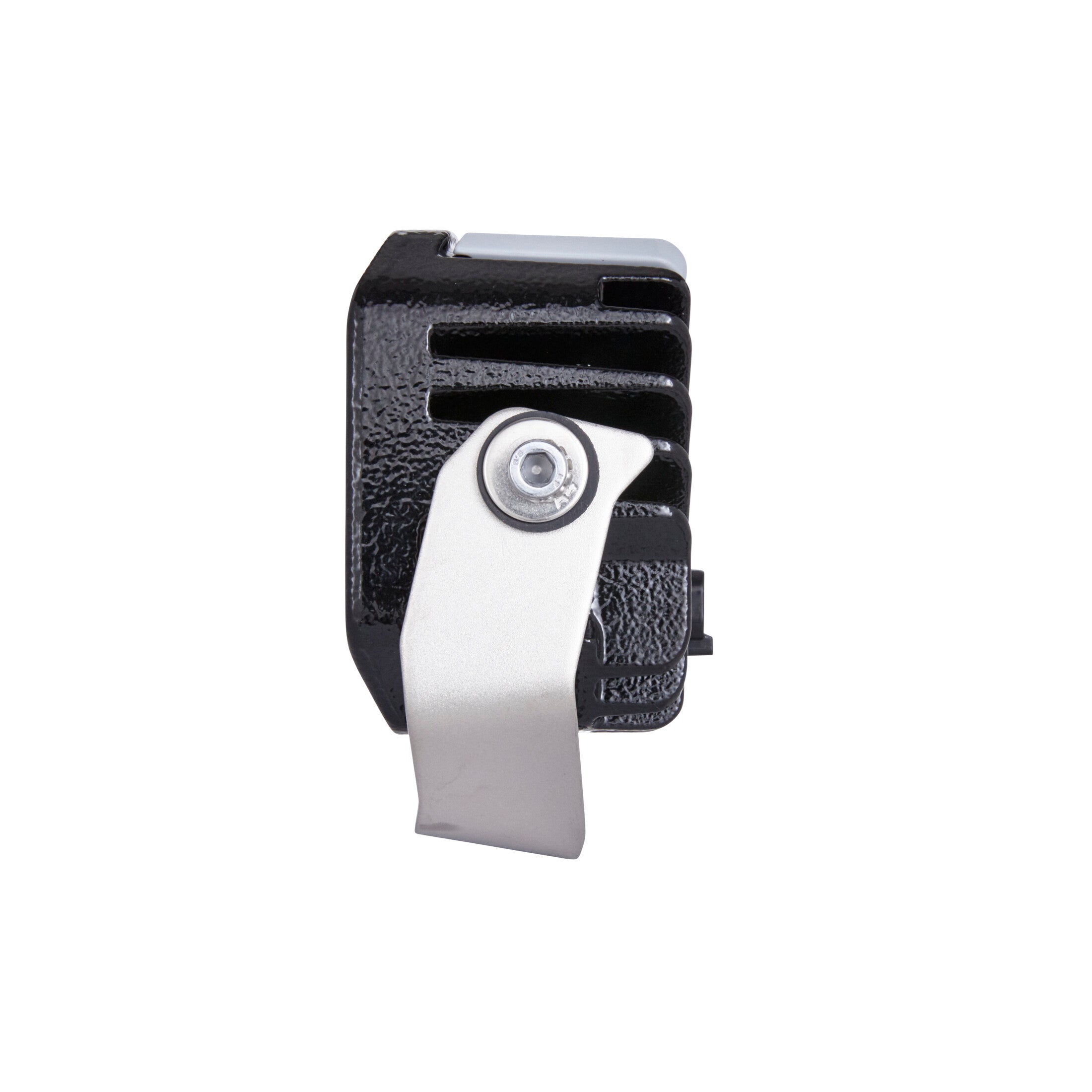 Side view of a compact black textured LED work lamp with silver mounting bracket.
