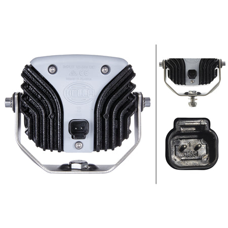 HELLA Power Beam 1500 LED work lamp with black fins, light grey housing, and mounting bracket.
