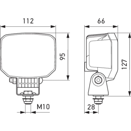 Power Beam S LED work lamp dimensions: 112x95mm front, 66x127mm side, M10 mount.