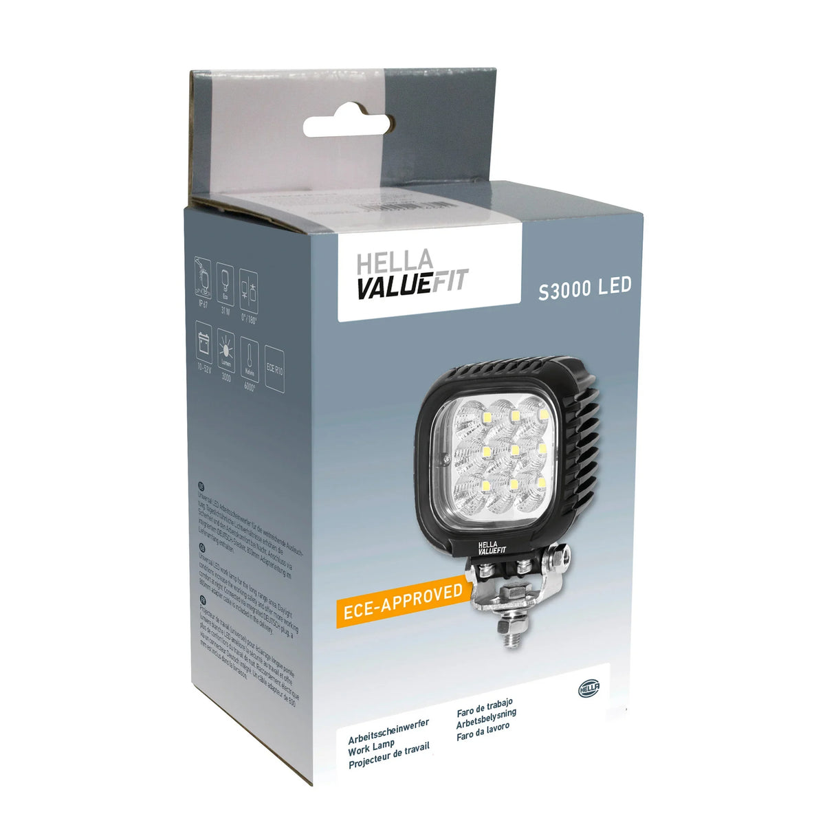 HELLA X-Treme Series LED Driving Lights packaging showing rugged aluminum housing, IP69K, auxiliary high-beam, off-road ready.