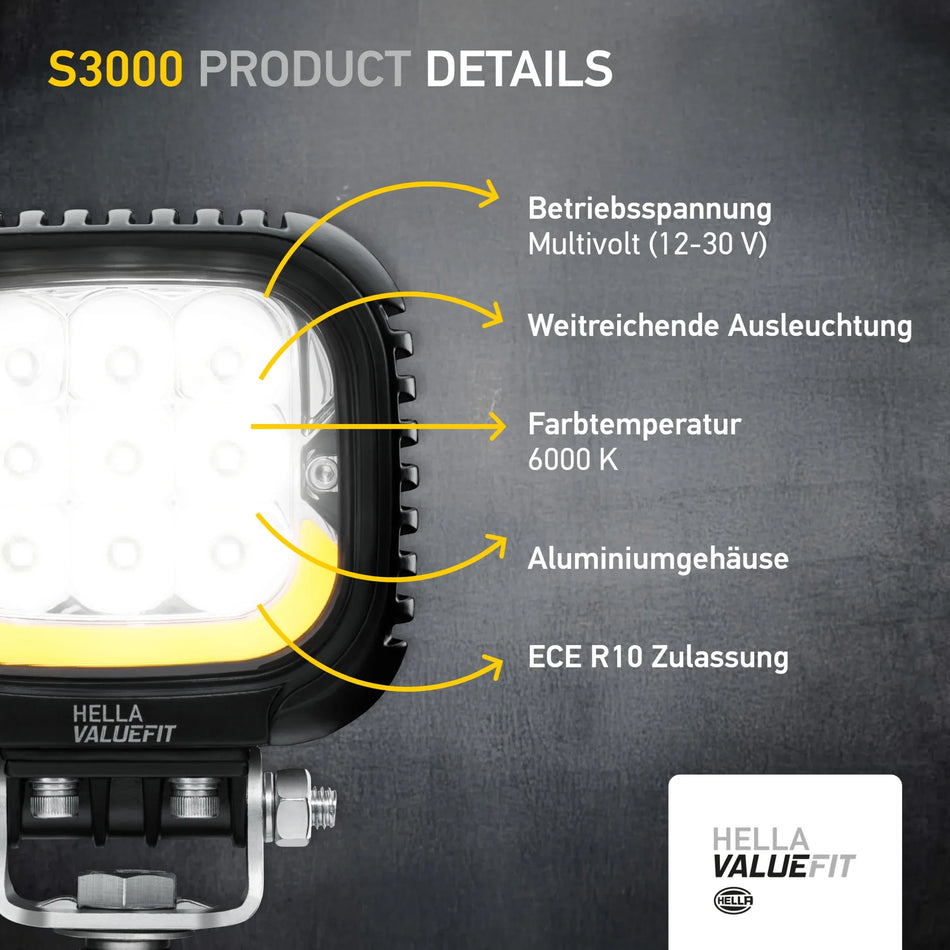 HELLA X-Treme Series LED Driving Lights in white mode, X-shape position light, IP69K, rugged aluminum housing, auxiliary high-beam for off-road use.