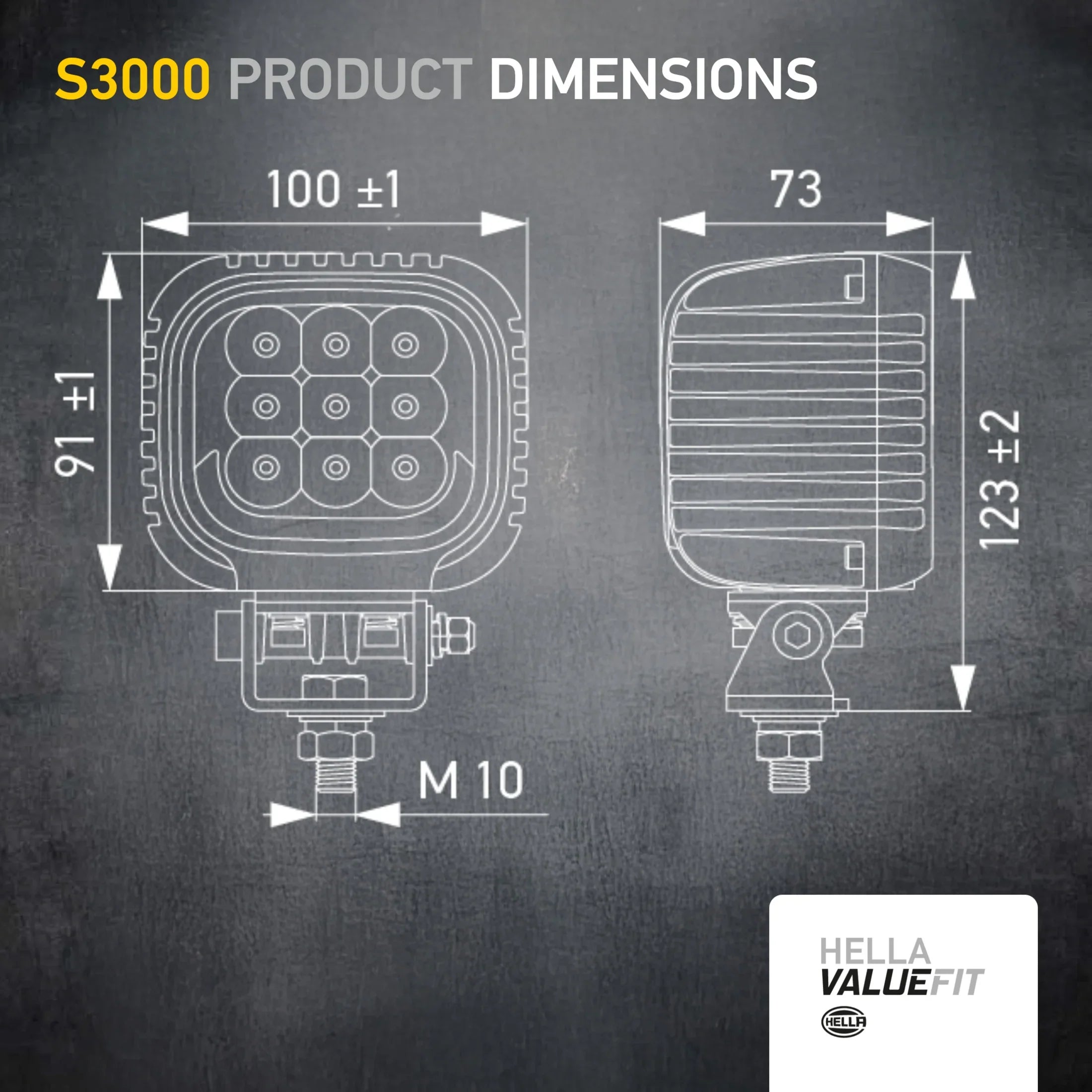HELLA X-Treme Series LED Driving Lights technical drawing, rugged aluminum housing, IP69K, auxiliary high-beam, off-road