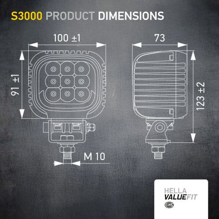HELLA X-Treme Series LED Driving Lights technical drawing, rugged aluminum housing, IP69K, auxiliary high-beam, off-road