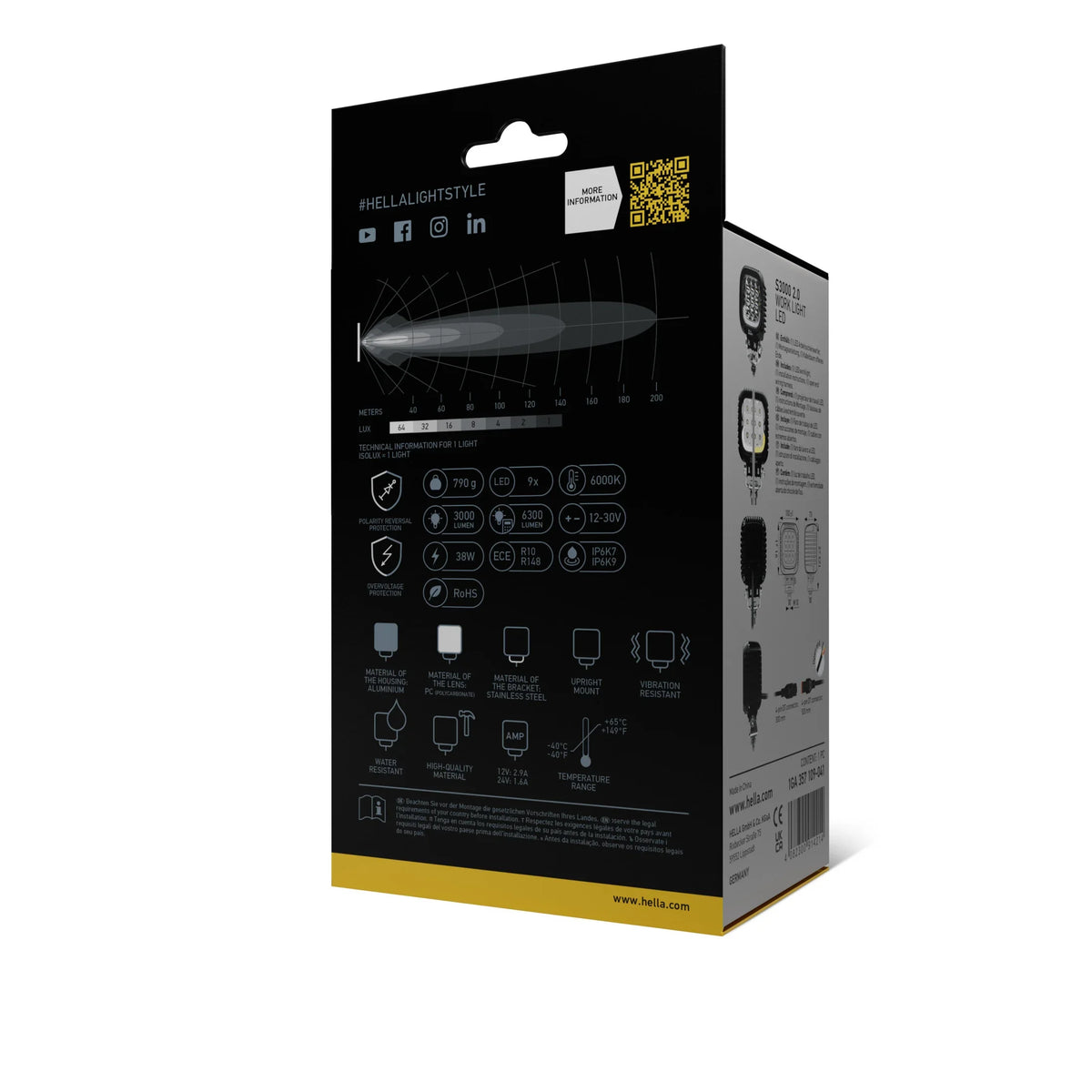 HELLA X-Treme Series LED Driving Lights packaging with IP69K, auxiliary high-beam specs, and aluminum housing